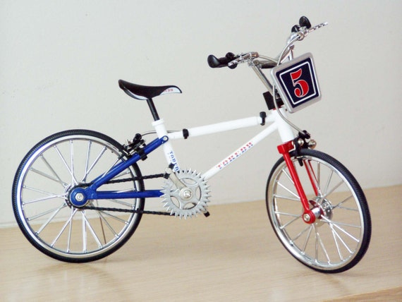 Mountain bike miniature, Toredw retro mountain bike in red blue white, metal collectible, vintage kid's bicycle miniature