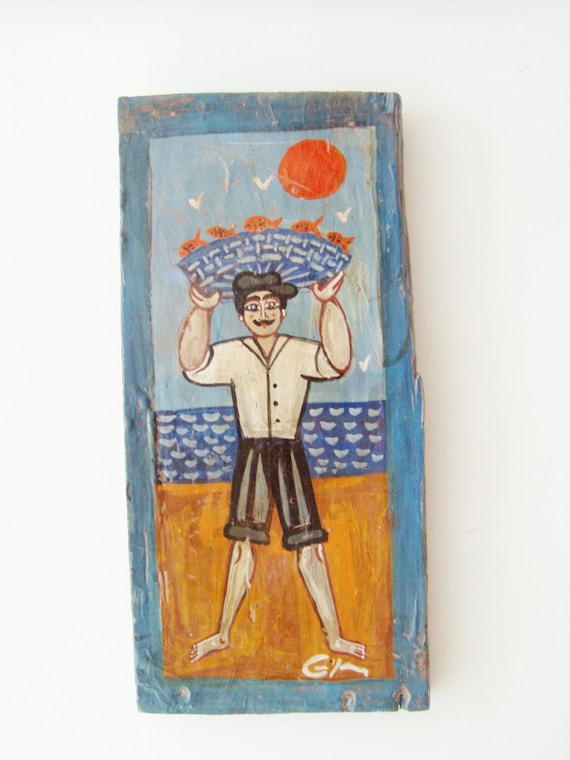 Fisherman folk painting, street fishmonger, Greek folk art fisherman, folk art on salvaged wood, vintage folk art, retro Greek fishmonger