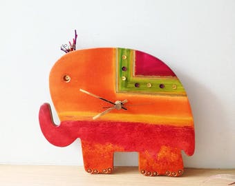 Elephant wall clock, ceramic wall clock of red and orange elephant, hand painted, elephant clock, red elephant nursery clock, boho elephant