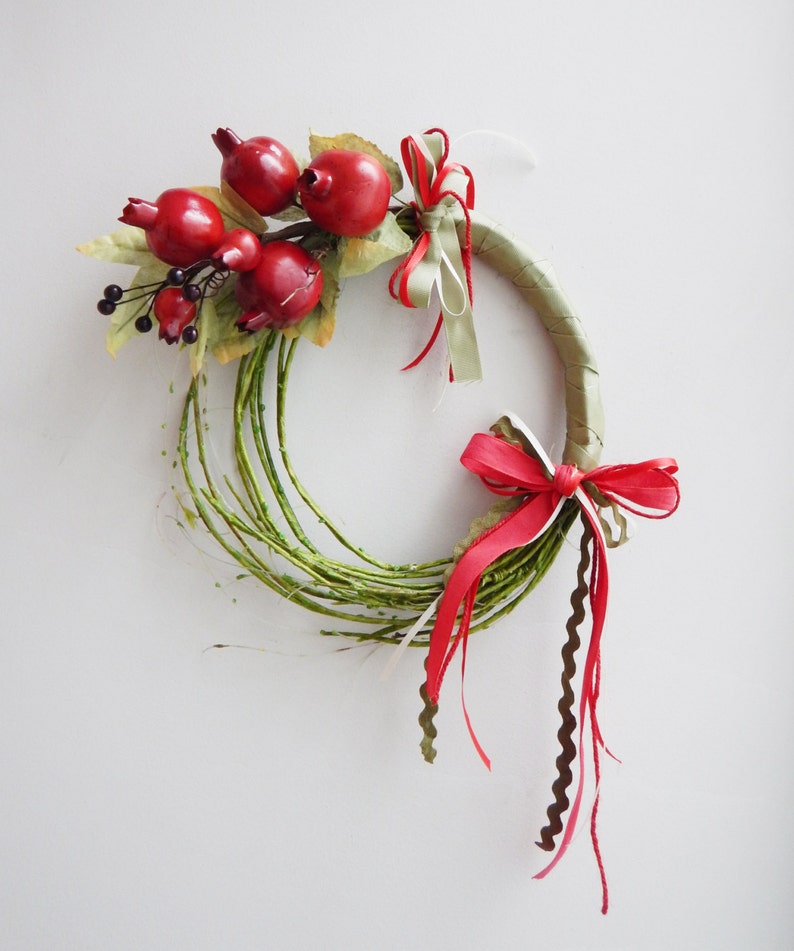 Pomegranate Xmas wreath of red pomegranates, polyester, small pomegranates on green vine wreath with red green ribbons, Xmas decor wreath image 2