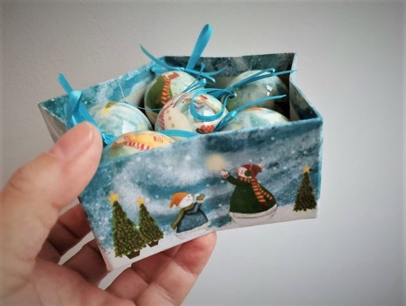 Snowman baubles, set of six, polyester baubles in star shaped box, winter landscape baubles of snowman and kids