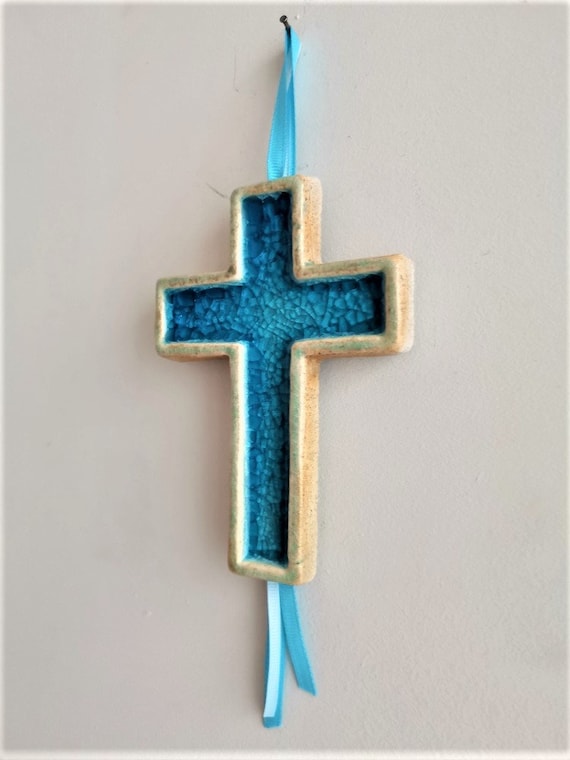 Blue ceramic cross, turquoise blue ceramic cross, stoneware clay handbuilt cross, cross wall hanging, Greek pottery cross