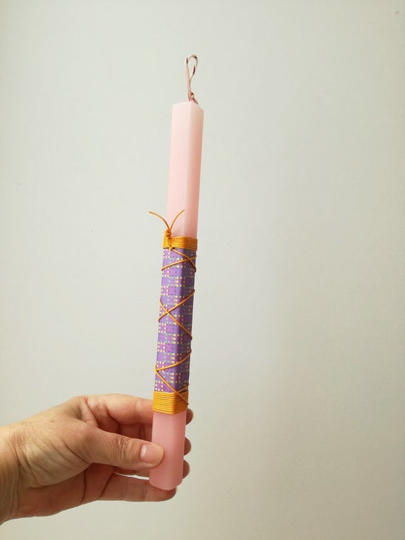 Greek Easter candle with yellow cord, square candle in pale pink with printed paper and yellow cord, teen and women candle, grownups candle