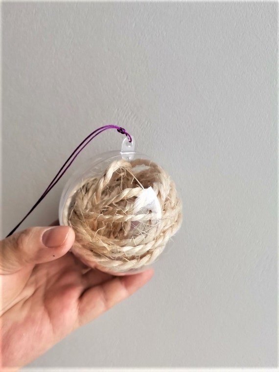 Eco-friendly Xmas bauble, clear bauble filled with jute rope, transparent plastic Xmas tree ball with natural. jute rope