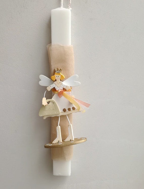 Fairy Easter candle, princess girl figurine on white, Greek Easter candle, white, Greek Easter lambada, with fairy/princess girl figurine