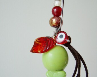 Pomegranate housewarming, decorative charm on large safety pin, lime green glass, red beads, Thanksgiving fruit, Autumn harvest