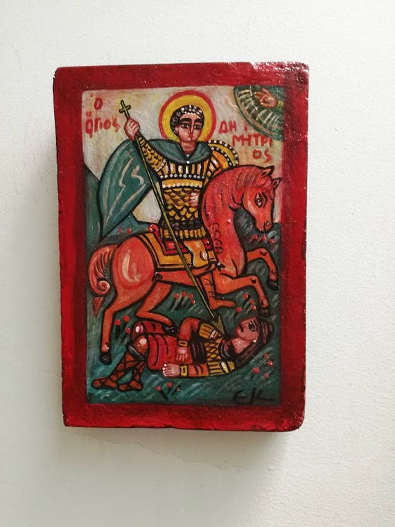 St. Demetrius icon, vintage, St. Demetrius folk art icon, Greek St. Demetrius folk painting on salvaged wood, St. Demetrius of Thessalonica