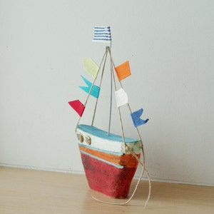 Ceramic sailing boat with colourful flags, stoneware clay boat outline sculpture with wire mast and fabric flags image 3