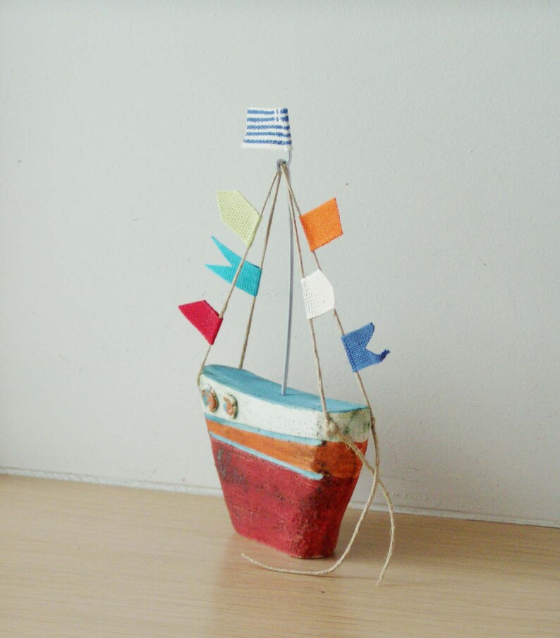 Ceramic sailing boat with colourful flags, stoneware clay boat outline sculpture with wire mast and fabric flags image 3