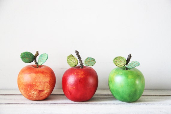 Colourful ceramic apples, set of three ceramic apples, one red, one green one orange, earthenware, life size apples with metal stems