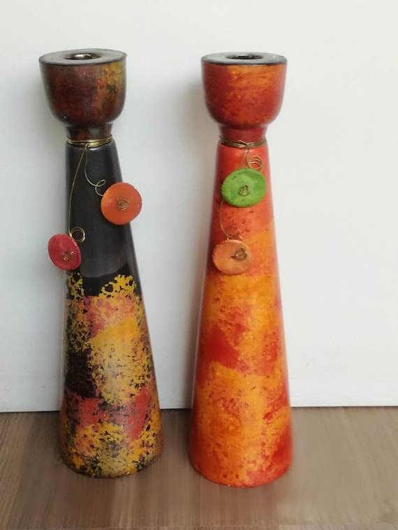 Tall candle holder in black and orange, taper candle ceramic candle holders, boho rustic, handmade candlesticks