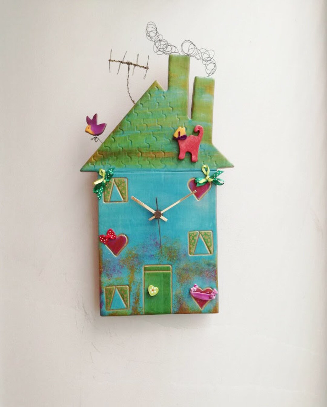 Green House Clock, Colourful Ceramic House Clock, House Shaped Wall