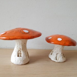 Ceramic mushroom, orange white toadstool mushroom, rustic toadstool mushroom, life size decorative mushroom, mushroom art object image 1