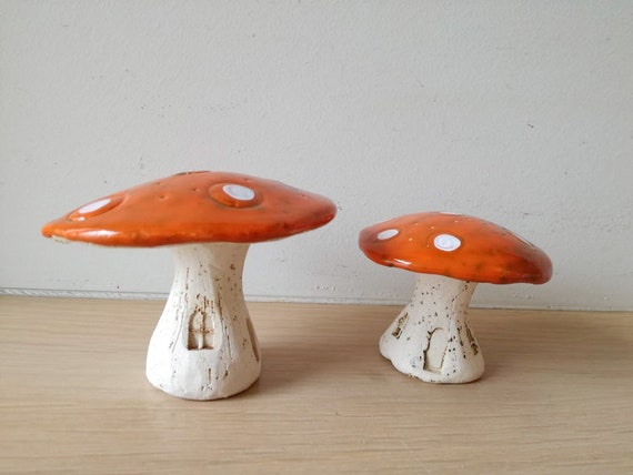 Ceramic mushroom, orange white toadstool mushroom, rustic toadstool mushroom, life size decorative mushroom, mushroom art object