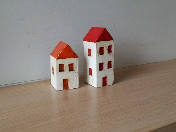 Red roof cottages, set of two, stoneware clay, house miniatures, white red rustic decor houses, Greek pottery miniature cottages, set of two