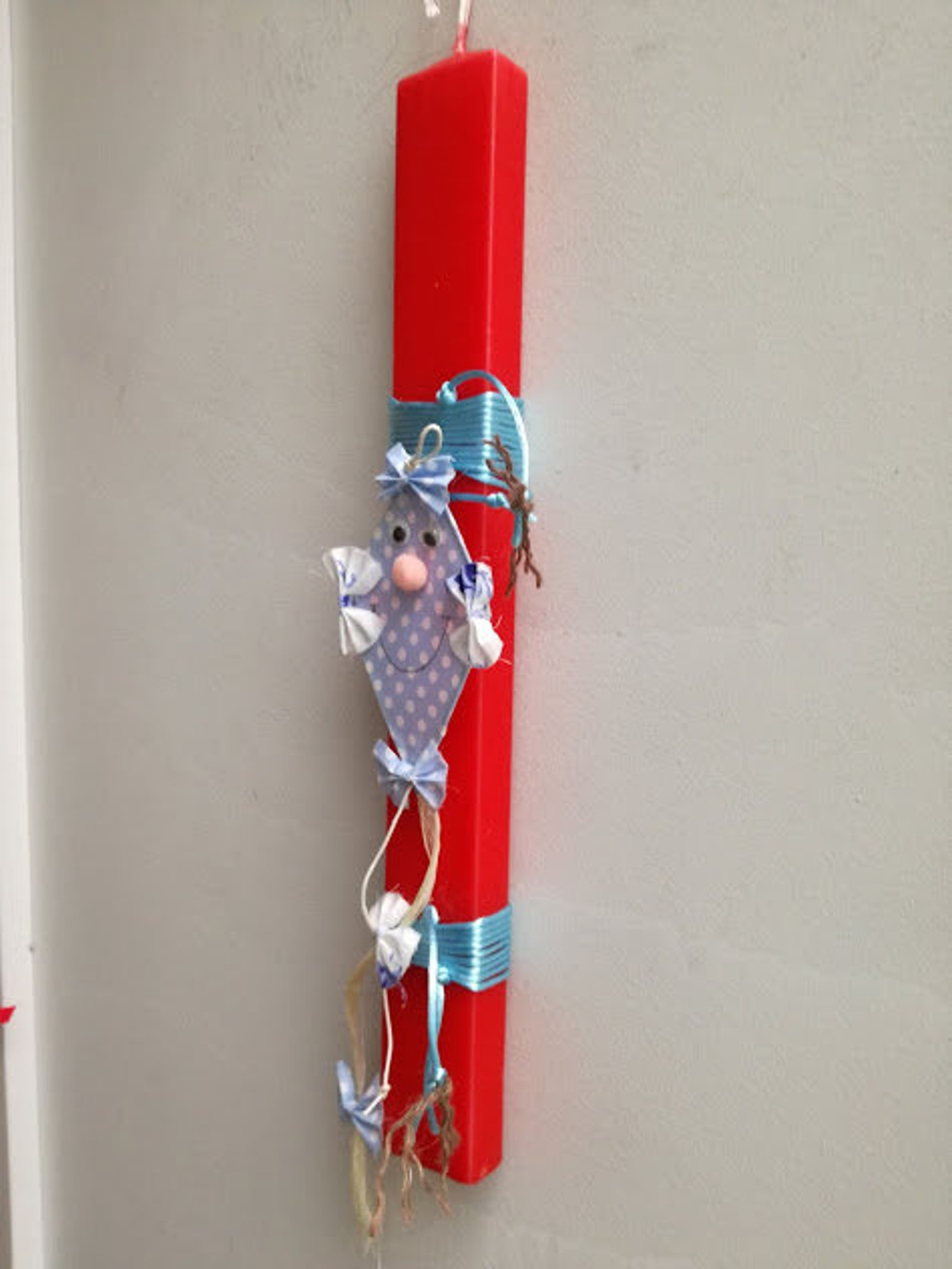 Kite Easter Candle, Blue Kite Ornament Onred, Easter Candle With Smile