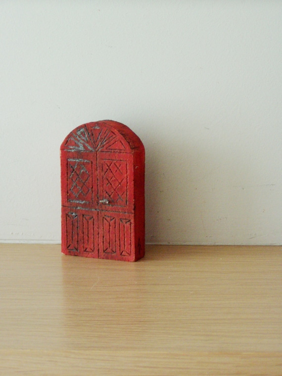 Red front door sculpture,  dark red Greek gate, domed, stoneware Greek house gate, ceramic gate art object, red black, Greek gate miniature