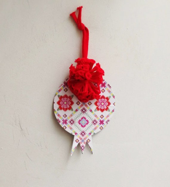 Paper pomegranate ornament, Xmas tree pomegranate with fluffy, red pompon and decoupage embroidery pattern, New Year pomegranate gift