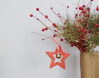 Red star ornament, wooden, red star outline with silver bell, vintage craft Xmas supplies, Xmas decor star, Xmas tree ornament, rustic star