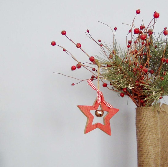 Red star ornament, wooden, red star outline with silver bell, vintage craft Xmas supplies, Xmas decor star, Xmas tree ornament, rustic star