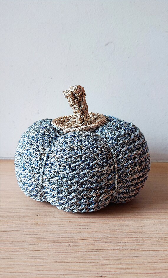 Light blue pumpkin, crochet life size, small pumpkin in metallic light blue, gold and beige