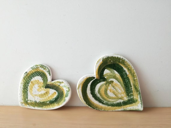 Heart shaped ceramic plates, heart decorative dishes in white green, favour dish, wedding rings plate, rustic jewelry dishes, set of two