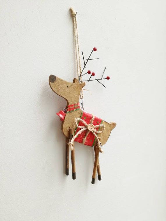 Reindeer ornament, wooden, Christmas tree ornament of reindeer in profile, reindeer with red bell and saddle, rustic, Xmas decor