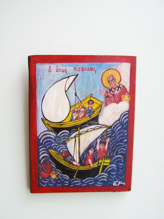 Saint Nicholas and sailors icon, vintage, Greek folk art icon of St. Nicholas, saving sailors in danger, salvaged wood, folk art painting