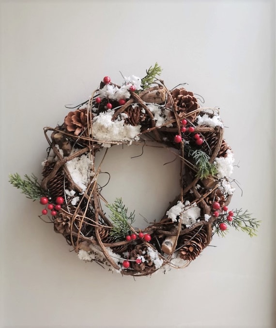 Pine cones and berries wreath, rustic Xmas wreath, wooden vines wreath with pine cones, berries and juniper branches, door Xmas wreath