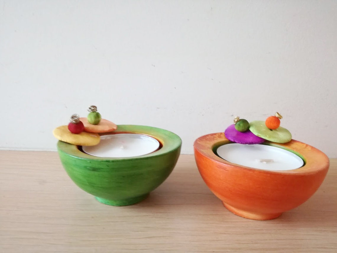Green Orange Tea Light Holders Earthenware Clay Handmade Etsy