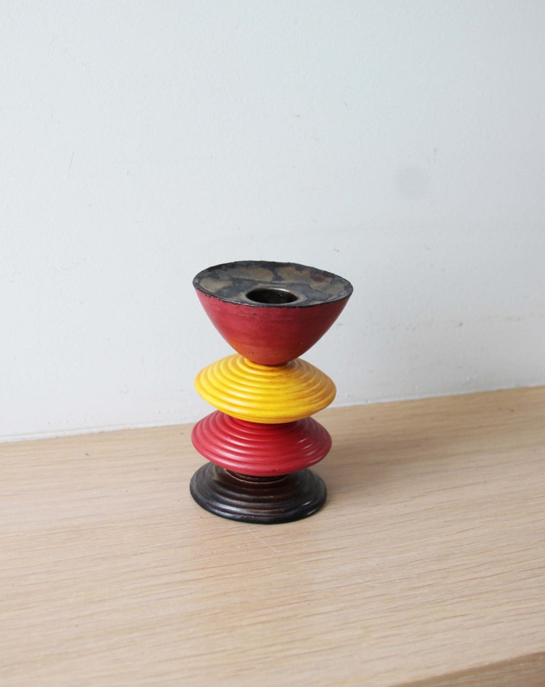 Multi coloured, earthenware candleholder, handmade and handpainted, four tiered, ceramic candlestick, red yellow brown made to order image 4