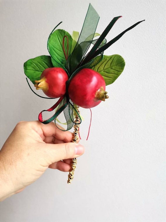 Pomegranates bouquet, two ceramic pomegranates bouquet tied with wire and ribbons, festive reb bouquet