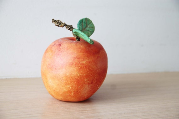 Ceramic apple sculpture, life size ceramic apple, orange ceramic apple with two green leaves, apple art object with wire stem