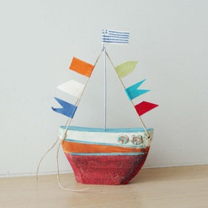 Ceramic sailing boat with colourful flags, stoneware clay boat outline sculpture with wire mast and fabric flags image 4