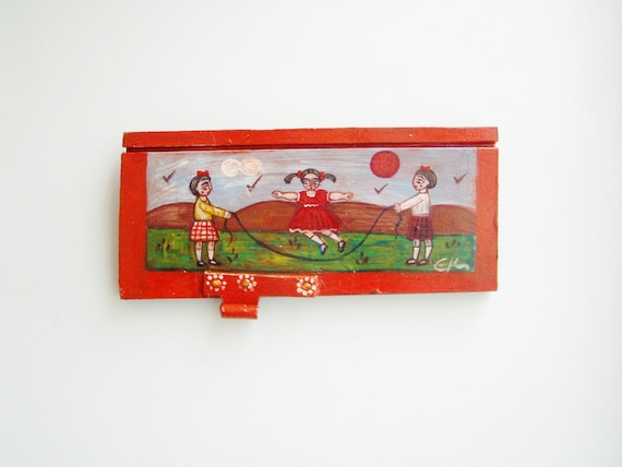 Jumping rope folk painting, salvaged wood painting of girls jumping rope, vintage Greek folk art, art brute painting on wood