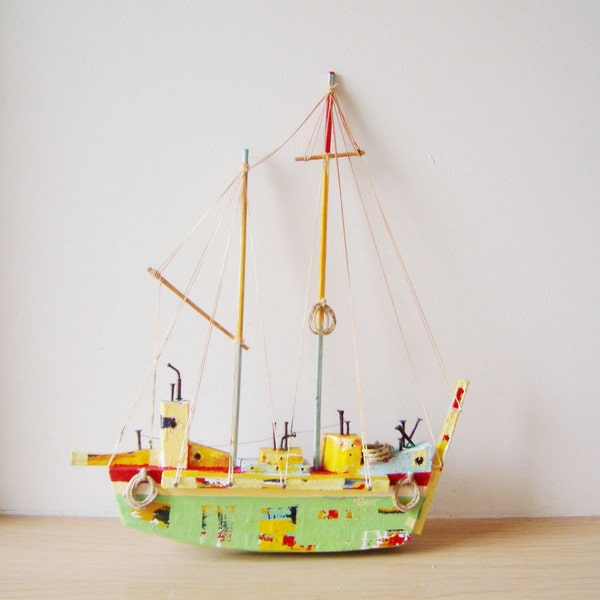 Wooden Greek sailboat, colourful sailboat of wood, metal, twine, etc, completely handmade and unique, boho rustic sailboat, folk art boat