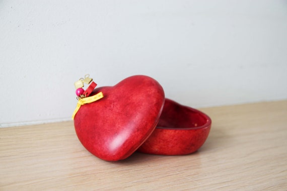 Red heart box, small jewellry box of earthenware clay, in red, with beads and ribbons on cap, Greek folk art, Valentines heart box