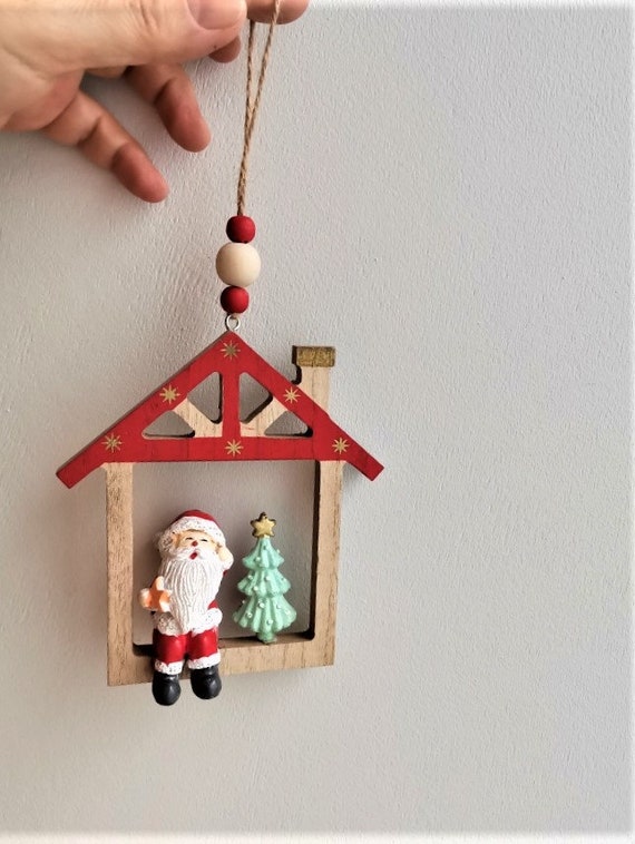 Santa's house ornament, wooden house outline ornament, xmas tree decor of house with santa figurine and xmas tree