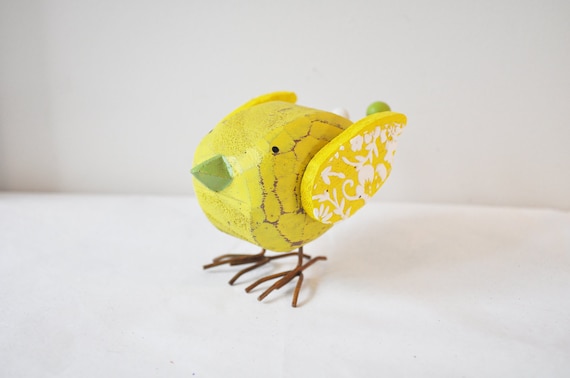 Chubby yellow birdie figurine, wooden bird figure on rusty metal legs, vintage wooden birdie in yellow, decorative bird figurine