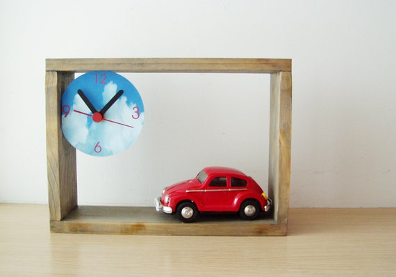 Wooden clock with bug car miniature, wooden frame clock for desk or wall with collectible, red bug car, nursery decor clock, kids room decor