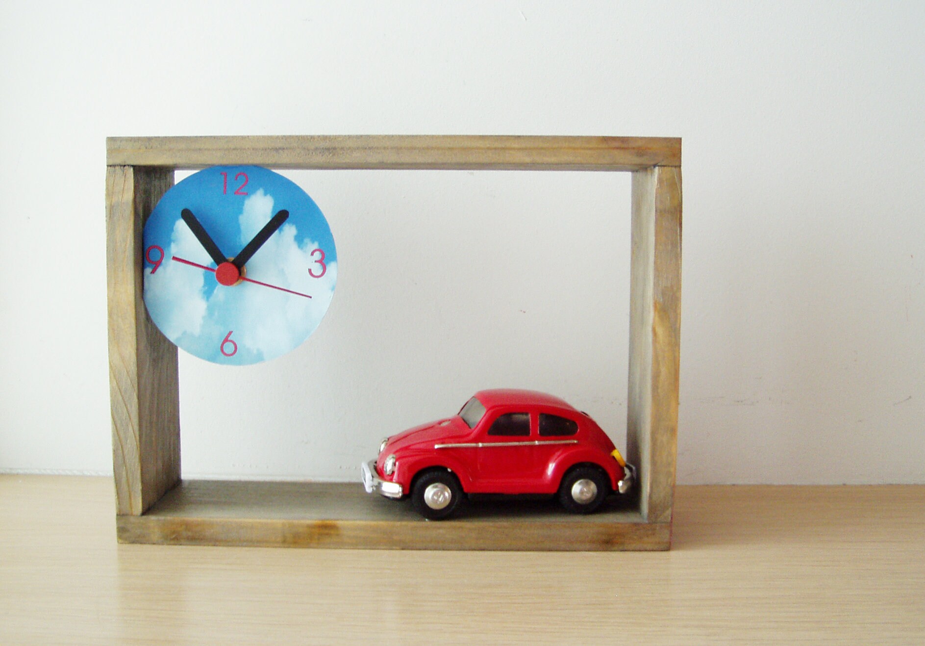 Wooden clock with bug car miniature, wooden frame clock for desk or