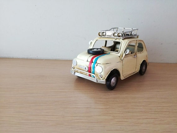 Vintage, little car miniature with French colours, retro collectible miniature, white 500 car with spare tyre on hood, early nineties