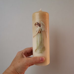 Angel decoupaged candle, angel pillar candle, ivory pillar candle with retro angel decoupage, angel in profile pillar candle, prayer candle
