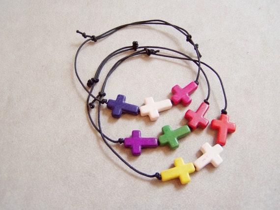 Colourful crosses bracelets, sideways crosses bracelets, howlite and black cord, adjustable bracelets, friendship bracelets, set of three