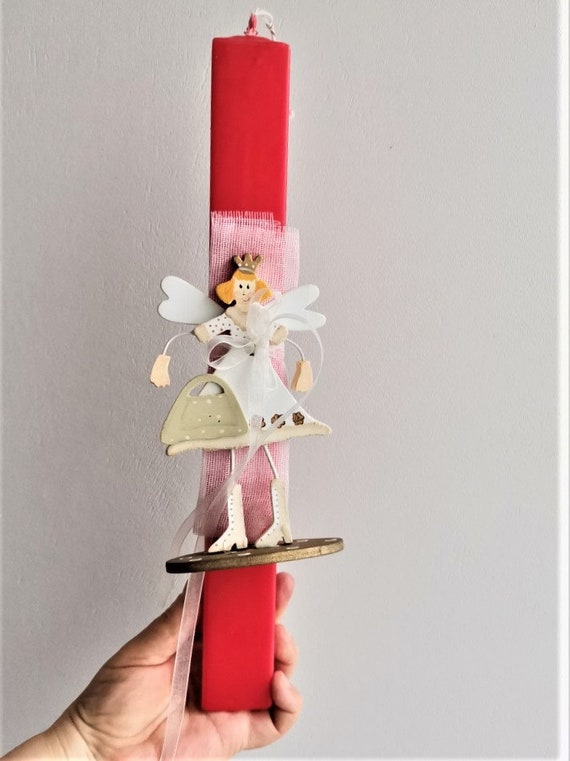 Fairy Easter candle, princess girl figurine on red, Greek Easter candle, red, Greek Easter lambada, with white, fairy figurine