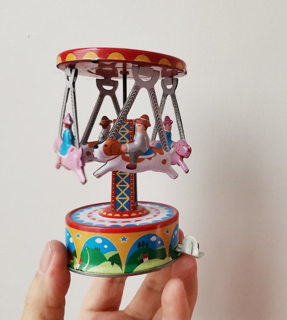 Vintage colourful carnival/carousel,  retro carnival ride toy, metal collectible, lever geared carousel toy, early nineties