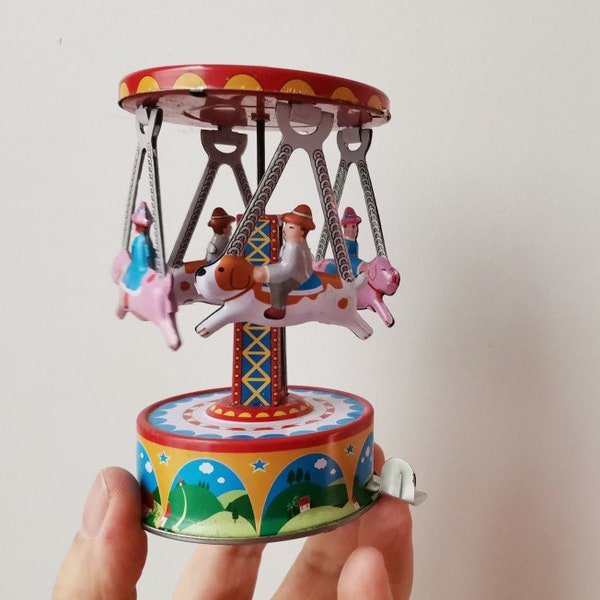 Vintage colourful carnival/carousel,  retro carnival ride toy, metal collectible, lever geared carousel toy, early nineties