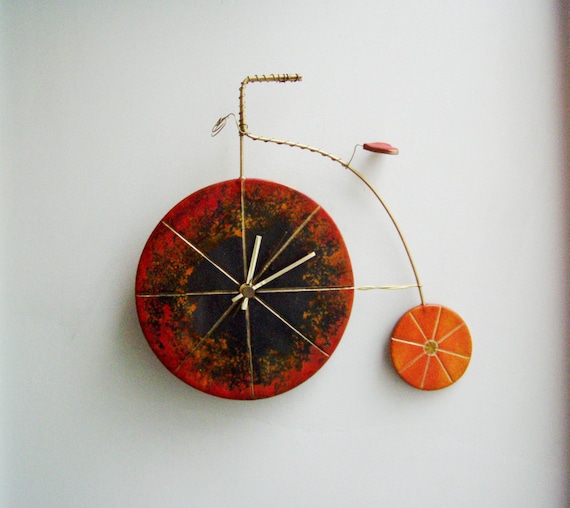 Black bike clock, ceramic wall clock of  penny farthing bicycle, black and orange, rustic boho bicycle, wall clock