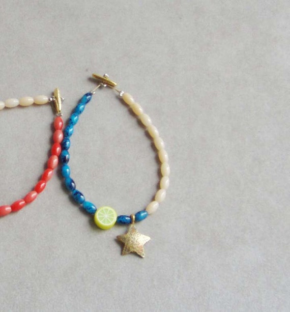 Colourful beaded bracelet, blue, cream and lime bracelet with brass star, spring colours bracelet for girls and teeens