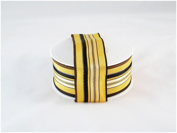 Yellow, brown, black wire rimmed ribbon, stripedt ribbon in three colours, gift wrapping and craft making ribbon in fall colours, 5 yards